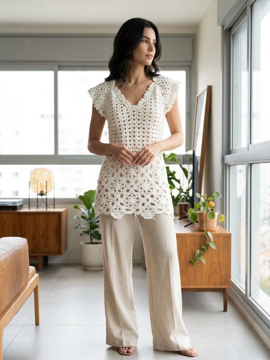 White Crochet Tunic for Women