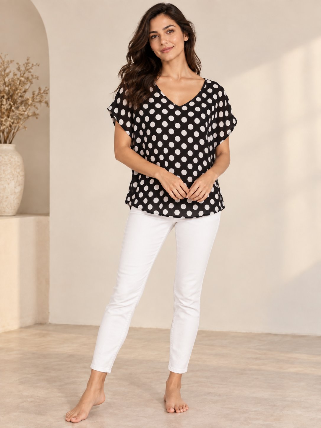 Women's shirt with polka dots and white cuffs