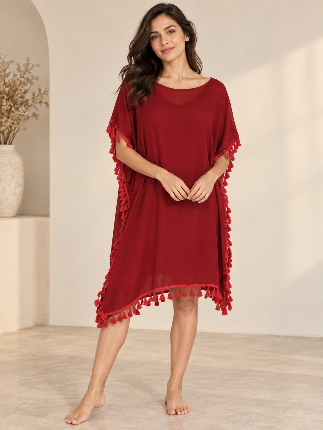 Red beach dress with fringe for women